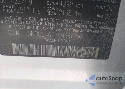 2009 Hyundai Sonata Limited z USA, uszkodzony, nr VIN 5NPEU46C39H561750